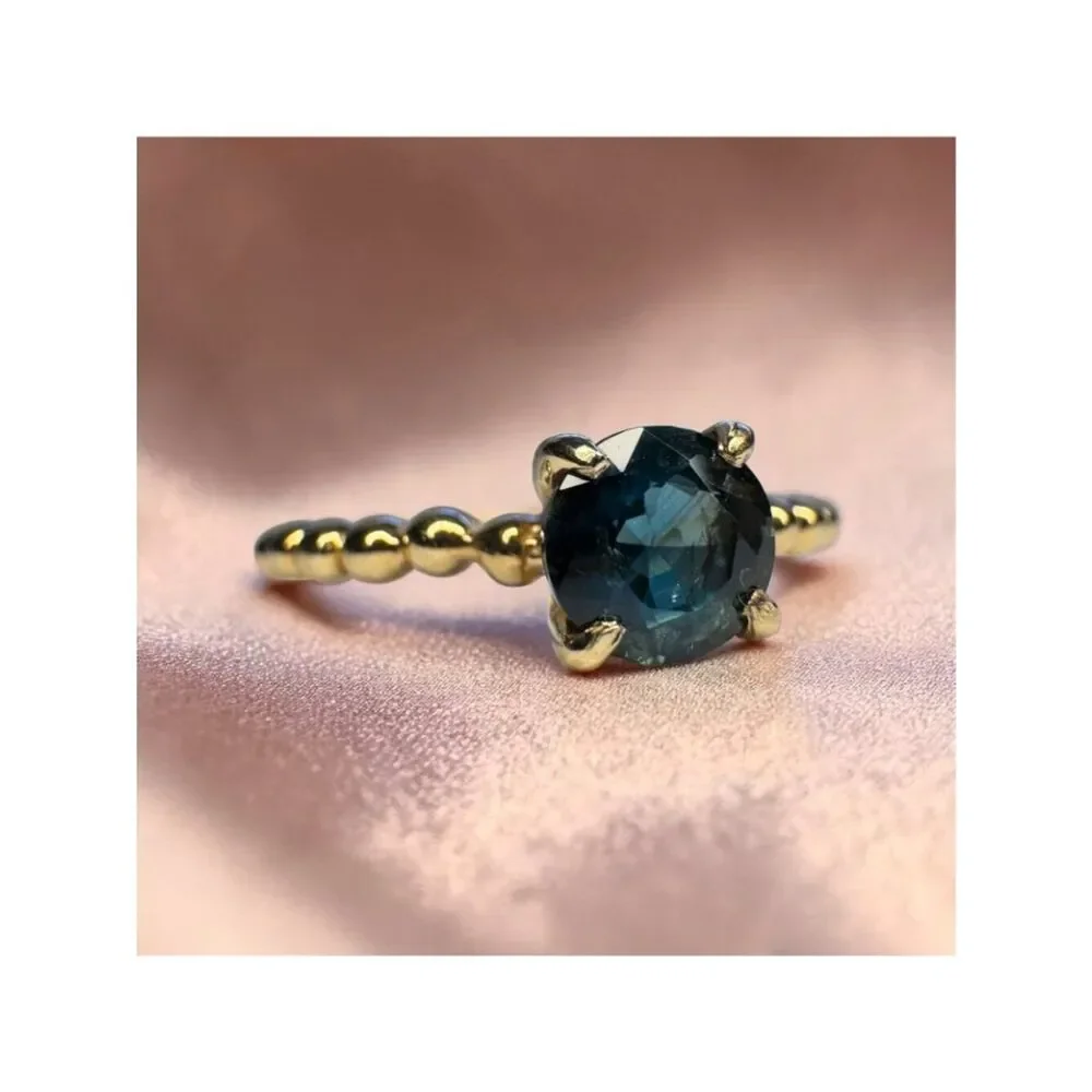 14K Gold Natural Teal Sapphire Ring Beaded Band Size 6 2/3ct Unheated Sapphire